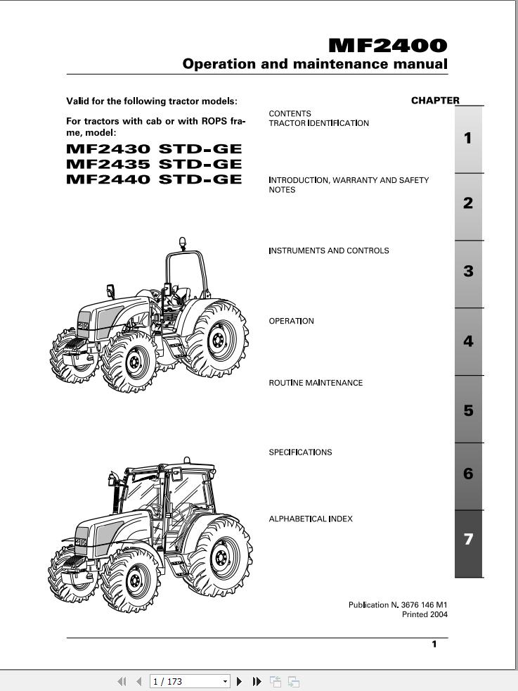 Massey Ferguson MF 2430 2435 2440 STD GE Operation Maintenance Manual 3676146M1 1
