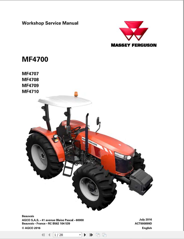 Massey Ferguson MF4607 MF4608 MF4609 MF4610 Workshop Service Manual ACT000899D 1