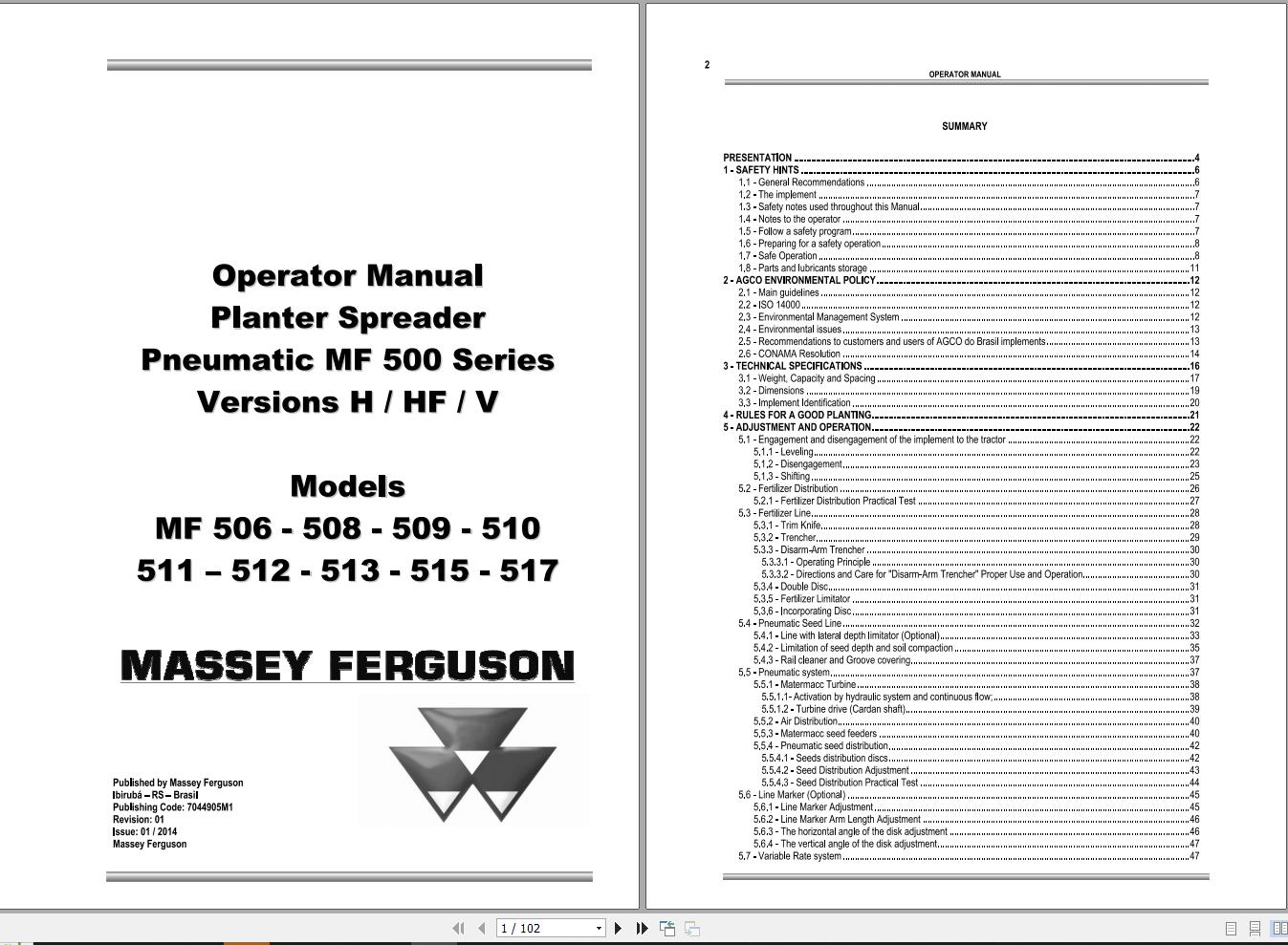 Massey Ferguson MF500 Series Version H HF V Operator Manual 7044905M1 1