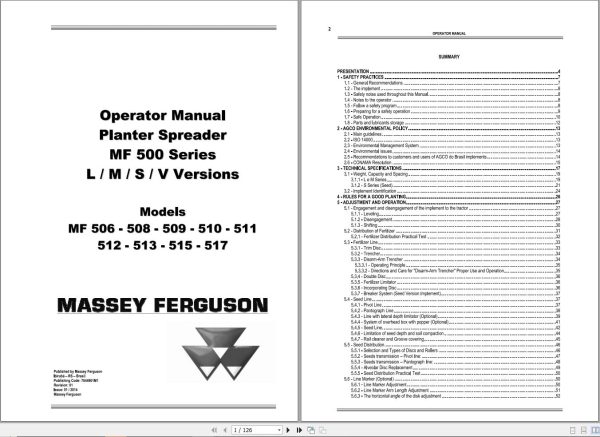 Massey Ferguson MF500 Series Version L M S V Operator Manual 7044901M1 1