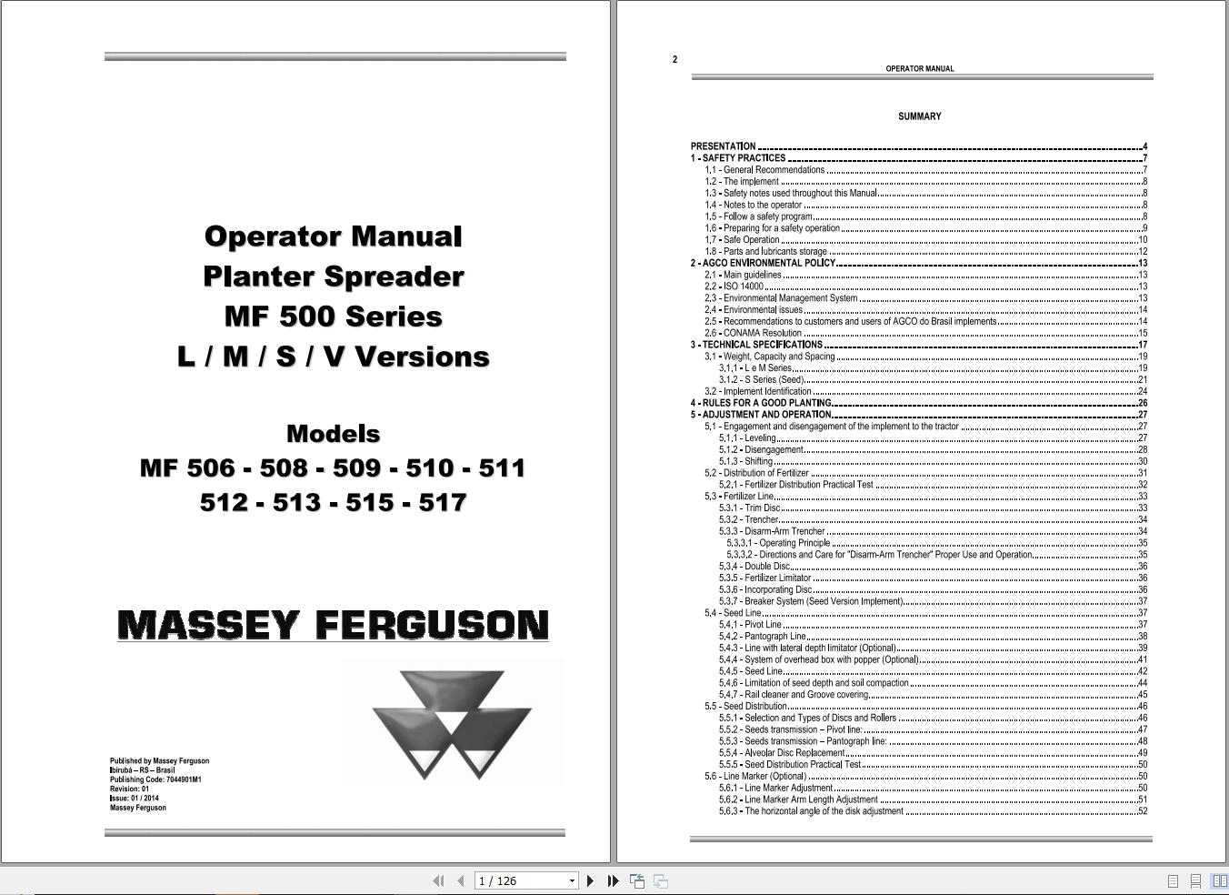 Massey Ferguson MF500 Series Version L M S V Operator Manual 7044901M1 1