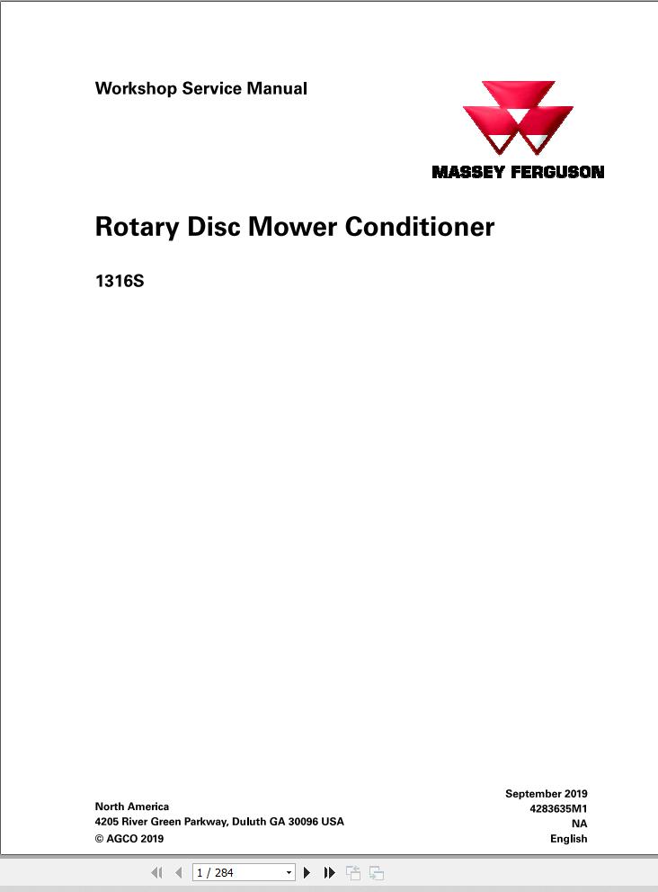 Massey Ferguson Mower 1316S Workshop Service Manual 4283635M1 1