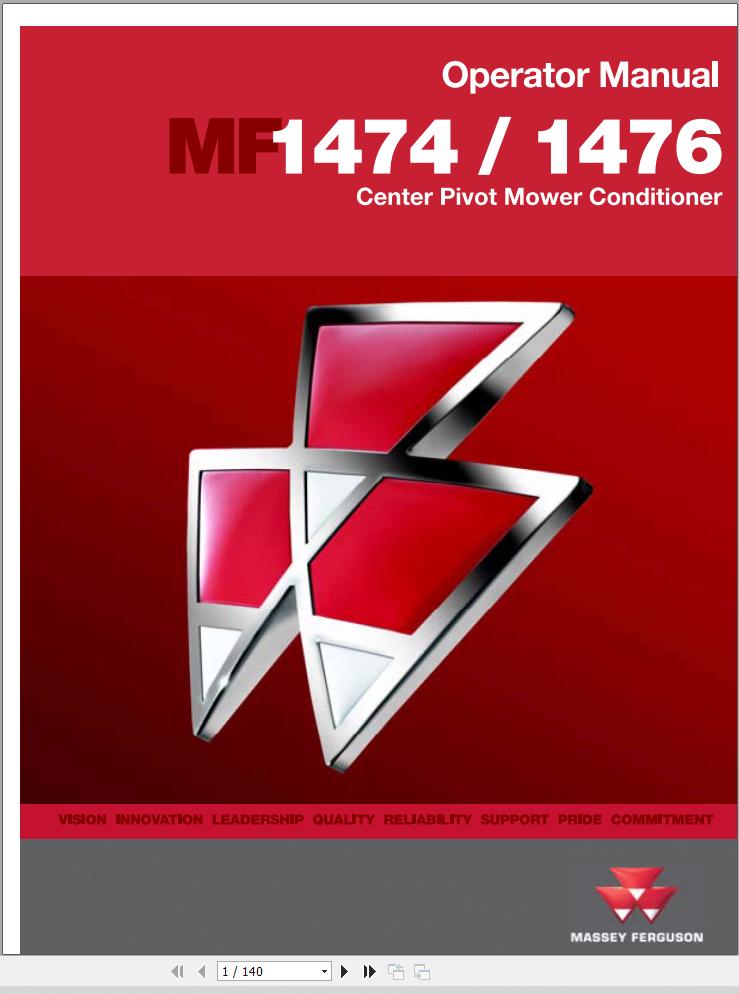 Massey Ferguson Mower 1474 1476 Operator Manual 700729524G 1