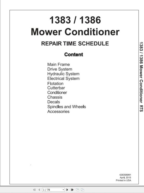 Massey Ferguson Mower Conditioner 1383 1386 Repair Time Schedule 4283589M1 1