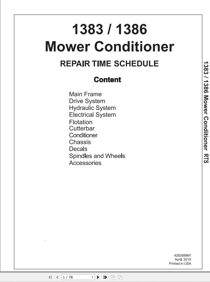 Massey Ferguson Mower Conditioner 1383 1386 Repair Time Schedule 4283589M1 1