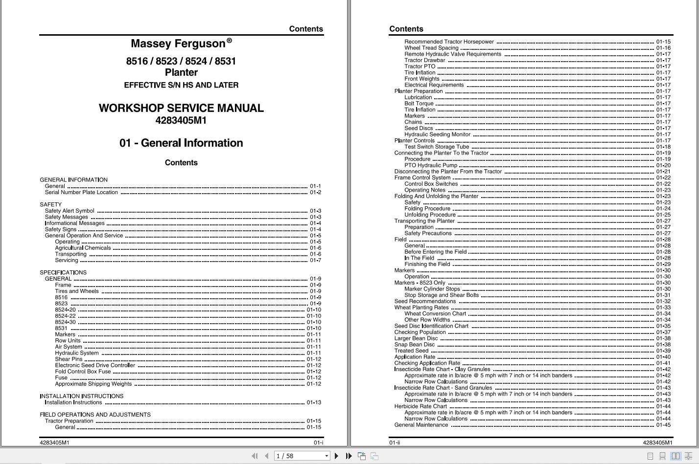Massey Ferguson Planter 8516 to 8531 Workshop Service Manual 4283405M1 1