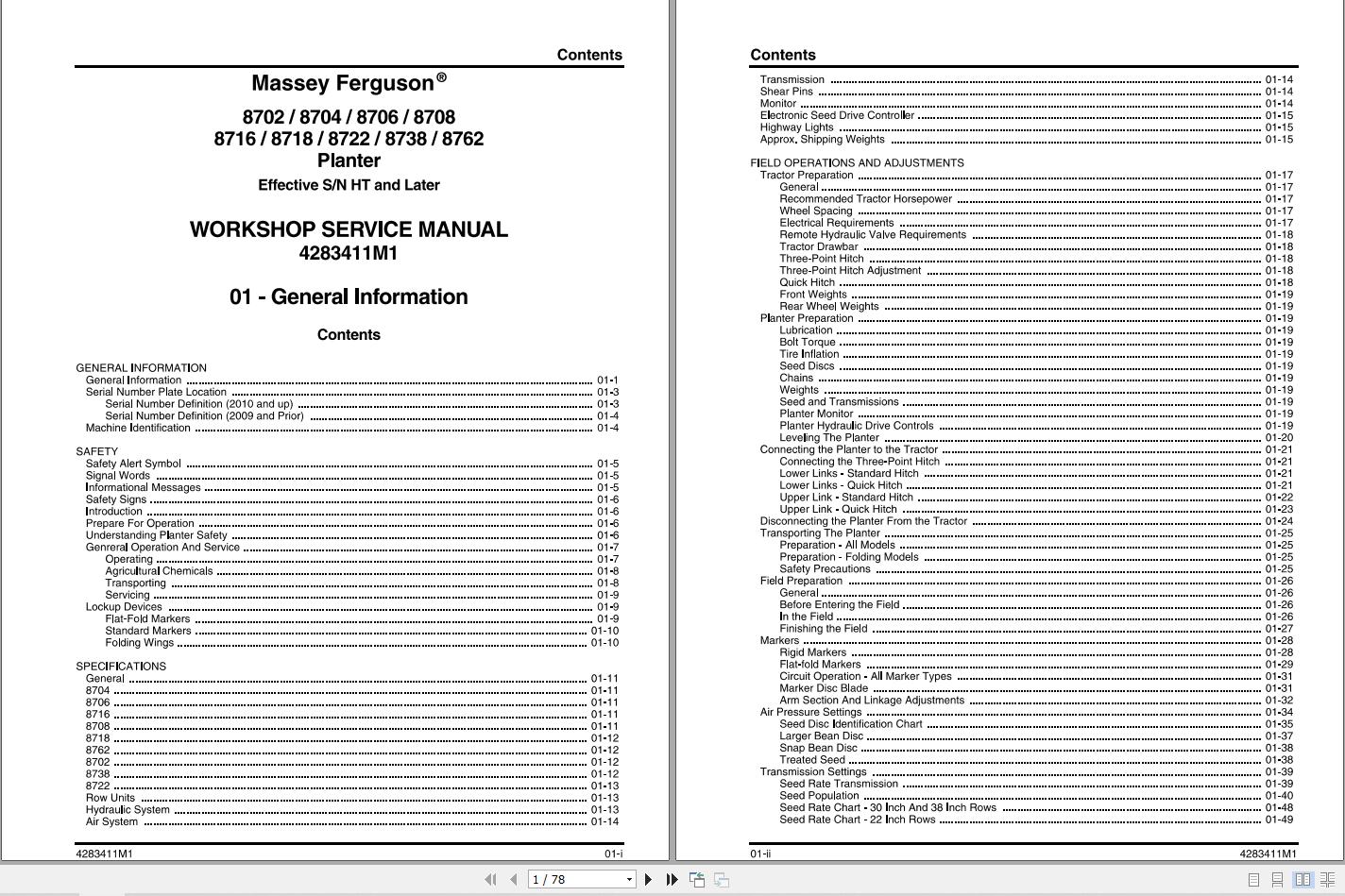 Massey Ferguson Planter 8702 to 8762 Service Manual 4283411M1 1