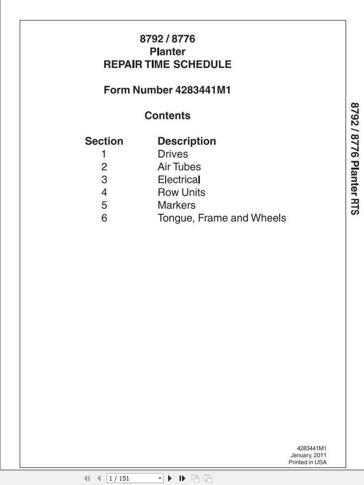 Massey Ferguson Planter 8792 8776 Repair Time Schedule 4283441M1 1