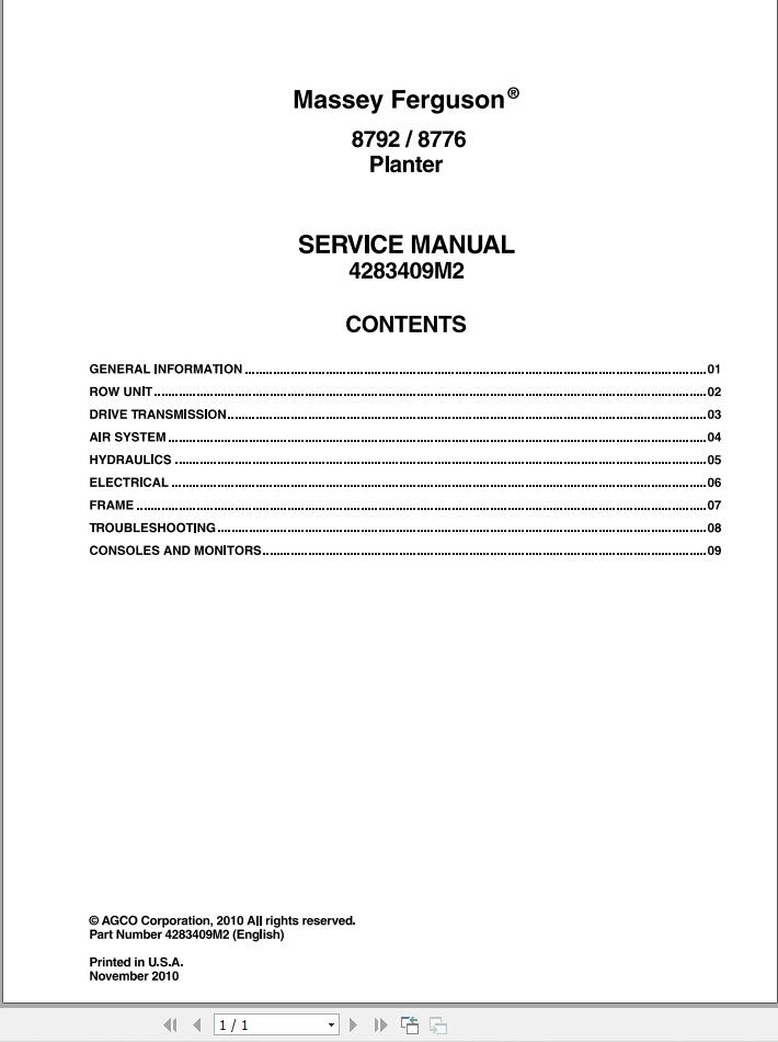 Massey Ferguson Planter 8792 8776 Service Manual 4283409M2 1