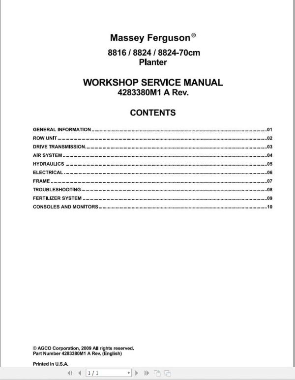 Massey Ferguson Planter 8816 8824 8824 70cm Workshop Service Manual 4283380M1 1