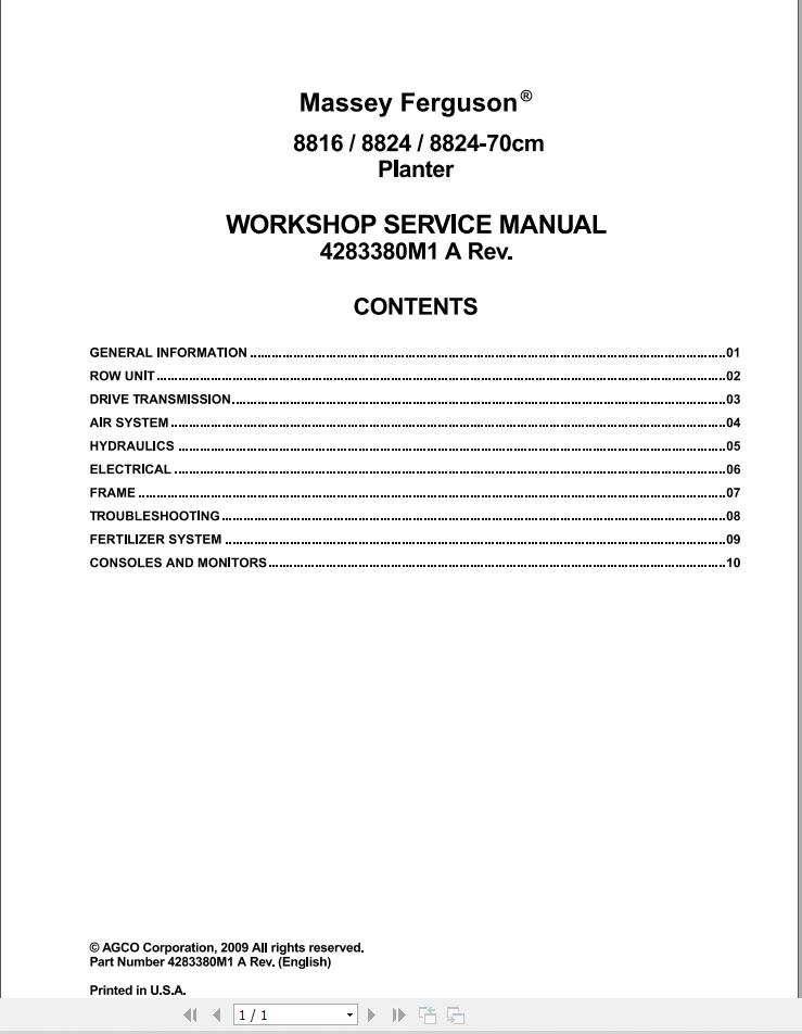 Massey Ferguson Planter 8816 8824 8824 70cm Workshop Service Manual 4283380M1 1