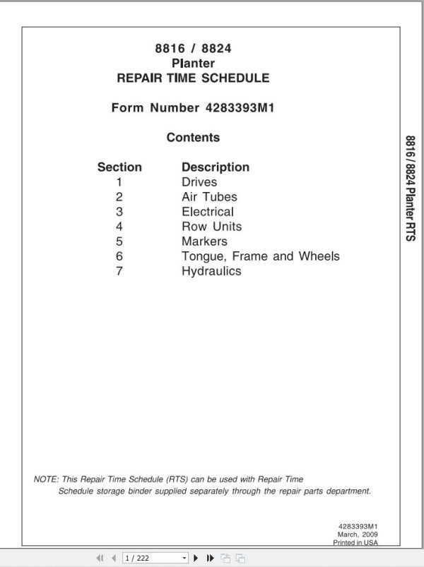 Massey Ferguson Planter 8816 8824 Repair Time Schedule 4283393M1 1