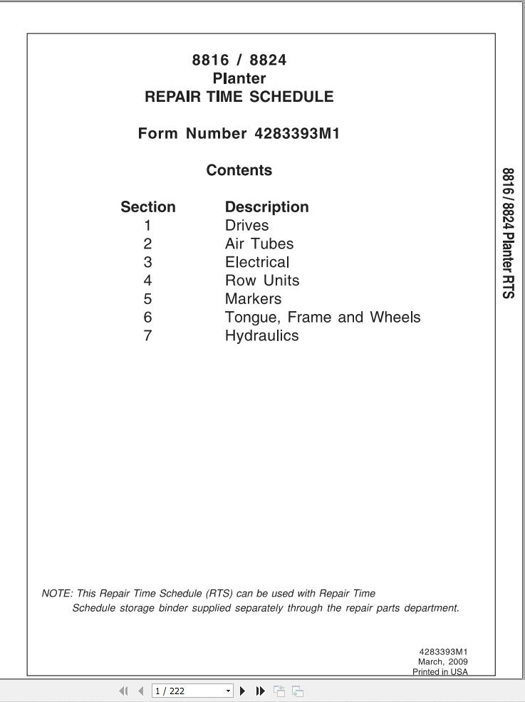 Massey Ferguson Planter 8816 8824 Repair Time Schedule 4283393M1 1
