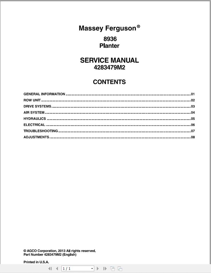 Massey Ferguson Planter 8936 Service Manual 4283479M2 1