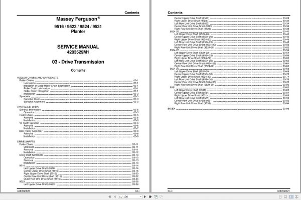 Massey Ferguson Planter 9516 9523 9524 9531 Service Manual 4283529M1 1