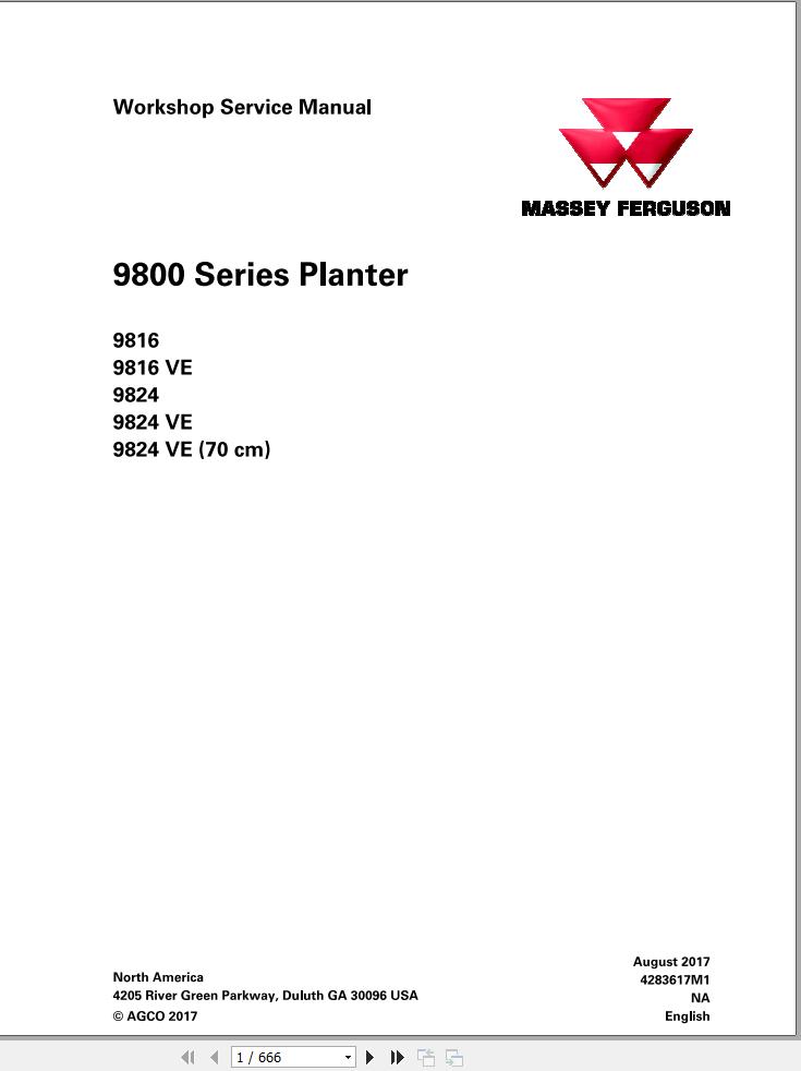 Massey Ferguson Planter 9800 Series Workshop Service Manual 4283617M1 1