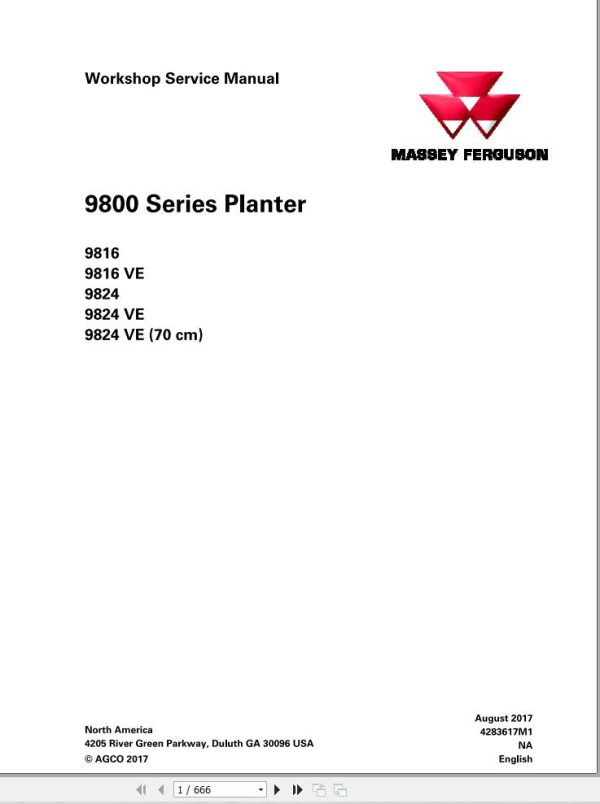 Massey Ferguson Planter 9816 to 9824VE Workshop Service Manual 4283617M1 1
