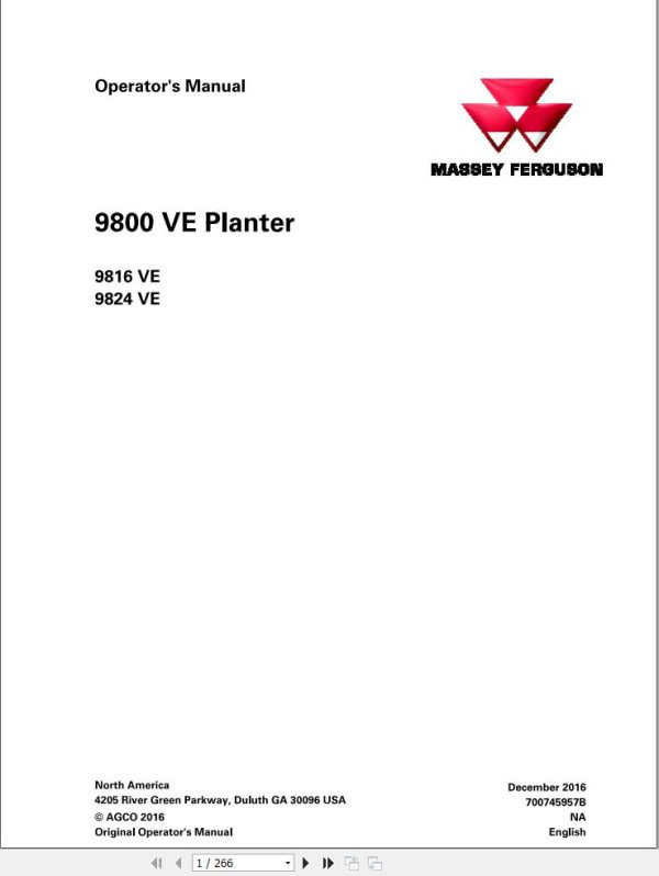 Massey Ferguson Planter 9816VE 9824VE Operator Manual 700745957B 1