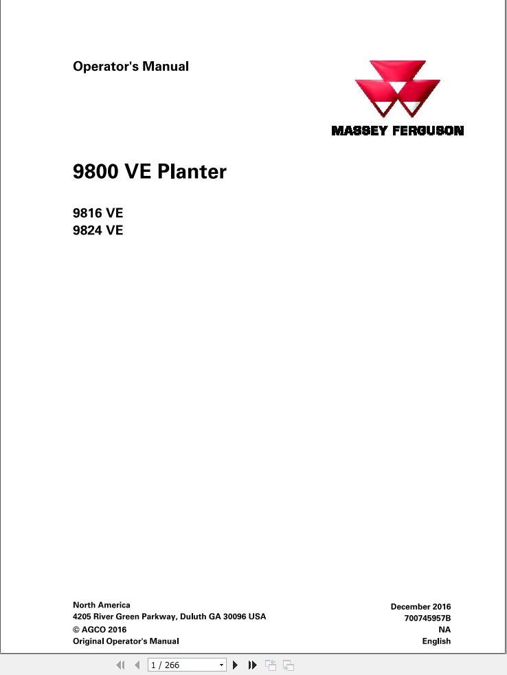 Massey Ferguson Planter 9816VE 9824VE Operator Manual 700745957B 1