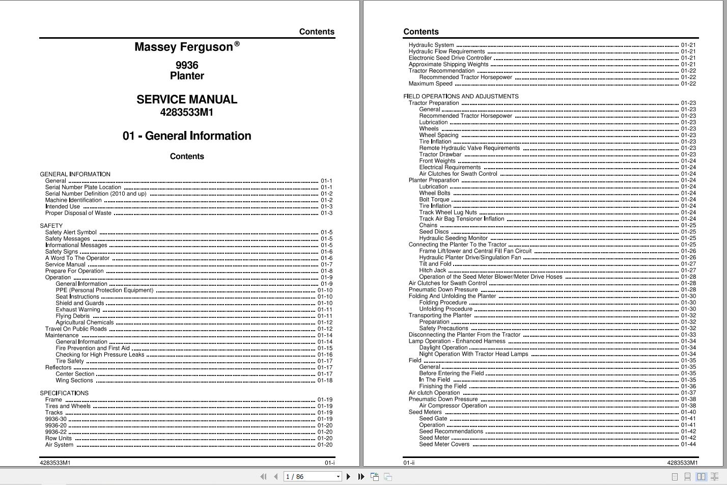 Massey Ferguson Planter 9936 Service Manual 4283533M1 1