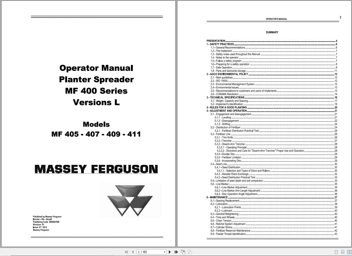 Massey Ferguson Planter Spreader MF400 Series Version L Operator Manual 96980078M 1