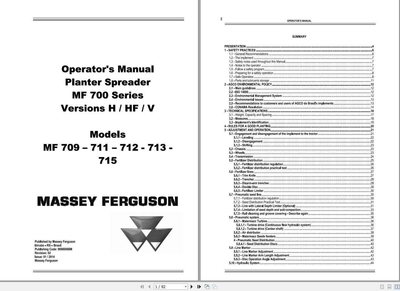 Massey Ferguson Planter Spreader MF700 Series Version H HF V Operator Manual 96980088M 1