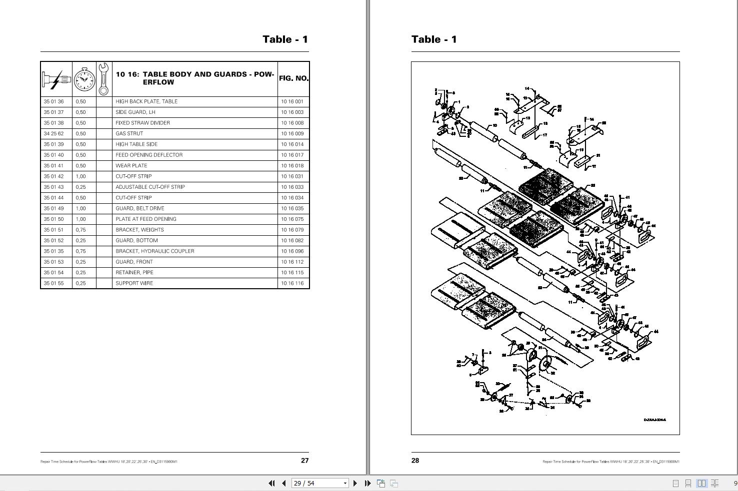 Massey Ferguson PowerFlow Table WWHU 18 to 30 Repair Time Schedule D3115900M1 2