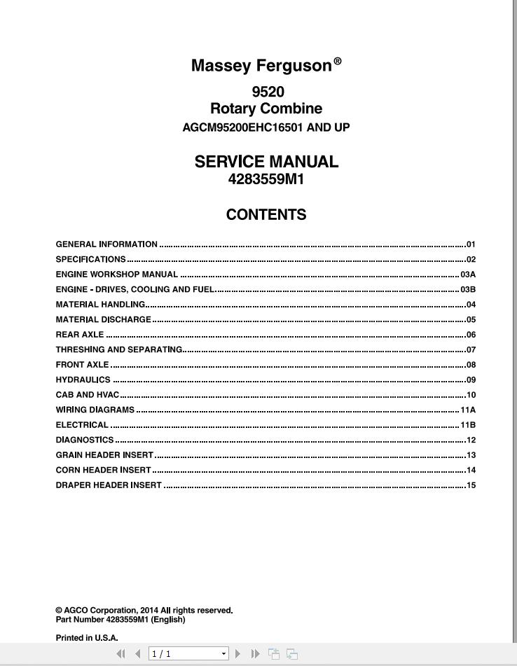 Massey Ferguson Rotary Combine 9520 Service Manual 4283559M1 1