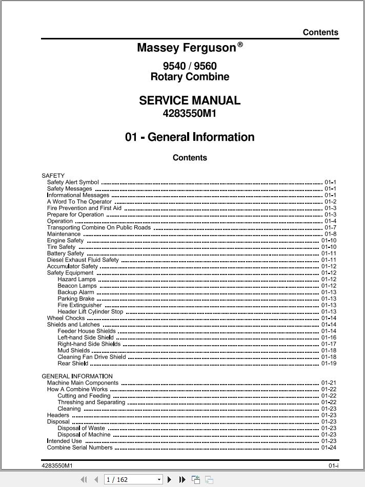Massey Ferguson Rotary Combine 9540 9560 Service Manual 4283550M1 1