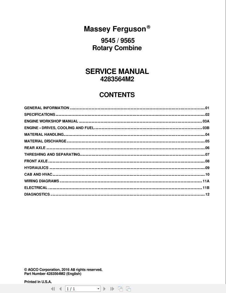 Massey Ferguson Rotary Combine 9545 9565 Workshop Manual 4283564M2 1