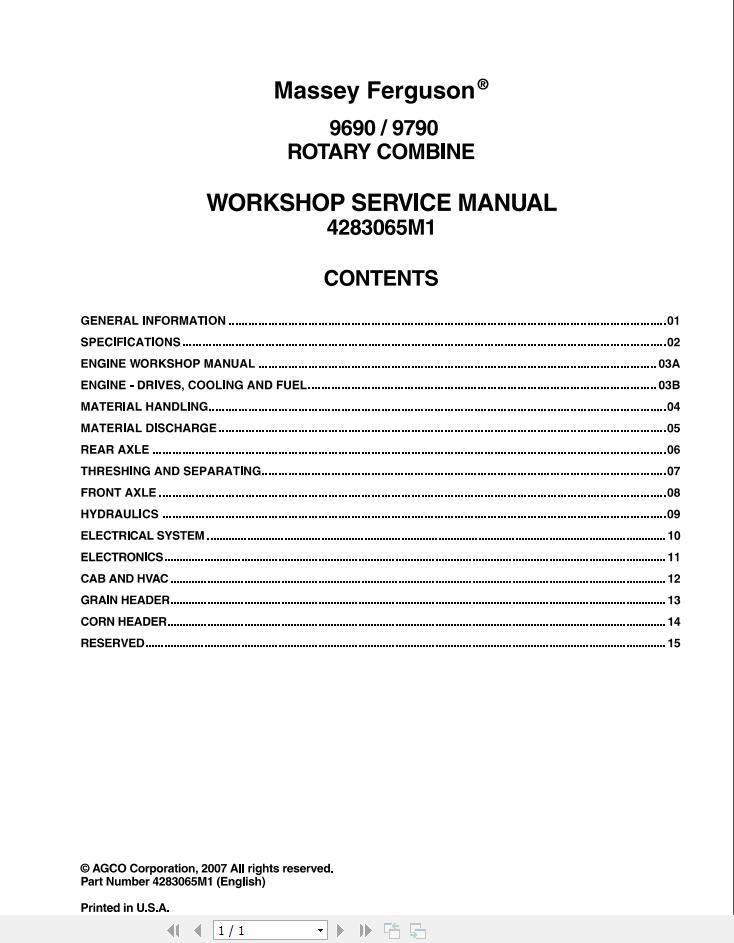 Massey Ferguson Rotary Combine 9690 9790 Workshop Service Manual 4283065M1 1