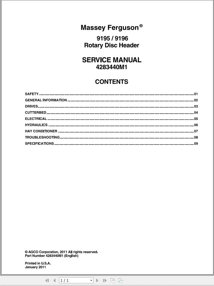 Massey Ferguson Rotary Disc Header 9195 9196 Service Manual 4283440M1 1
