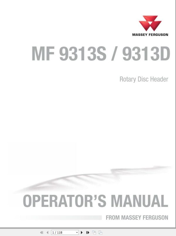 Massey Ferguson Rotary Disc Header 9313S 9313D Operator Manual ACX2430300 1