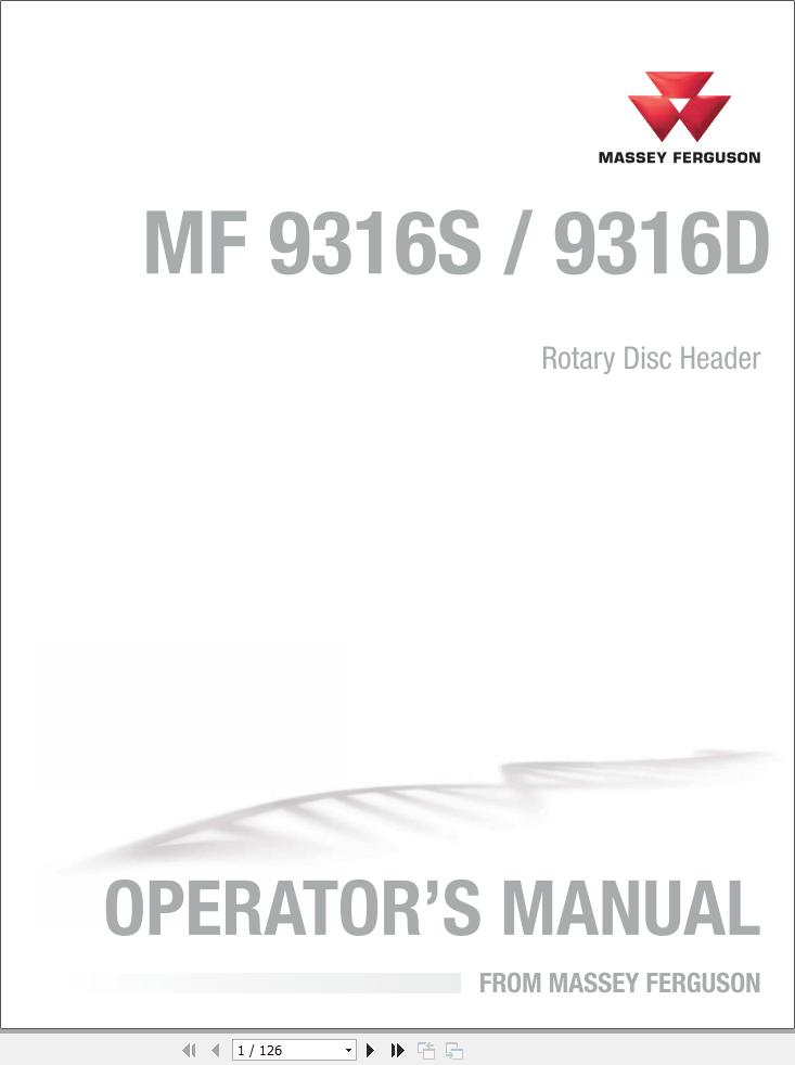 Massey Ferguson Rotary Disc Header 9316S 9316D Operator Manual 700750336B 1