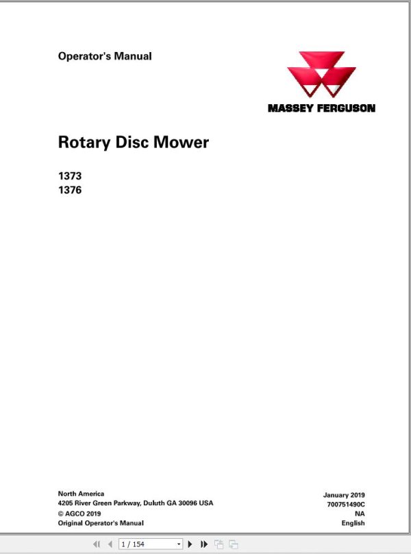 Massey Ferguson Rotary Diss Mower 1366 1376 Operator Manual 700751490C 1