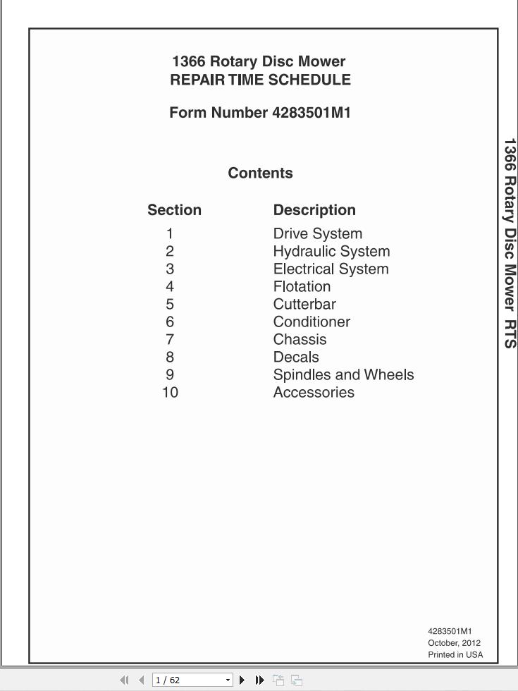 Massey Ferguson Rotary Diss Mower 1366 Repair Time Schedule 4283501M1 1