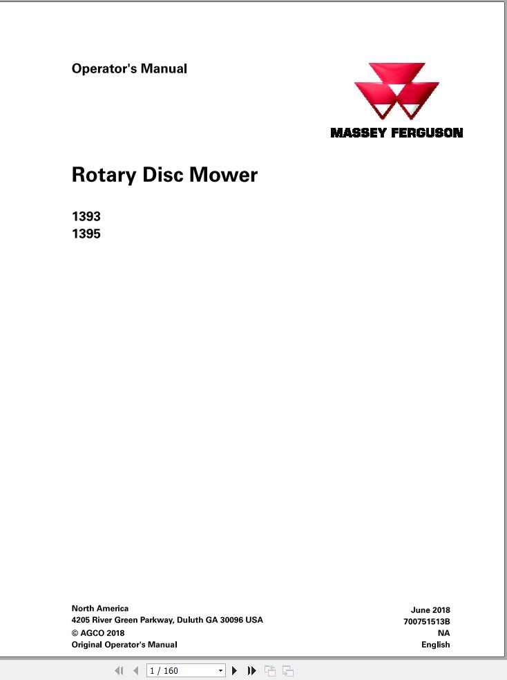 Massey Ferguson Rotary Diss Mower 1393 1395 Operator Manual 700751513B 1