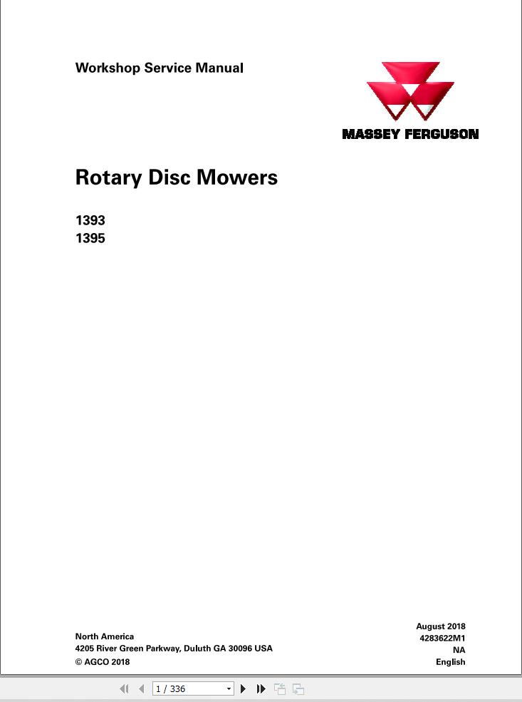 Massey Ferguson Rotary Diss Mower 1393 1395 Workshop Service Manual 4283622M1 1
