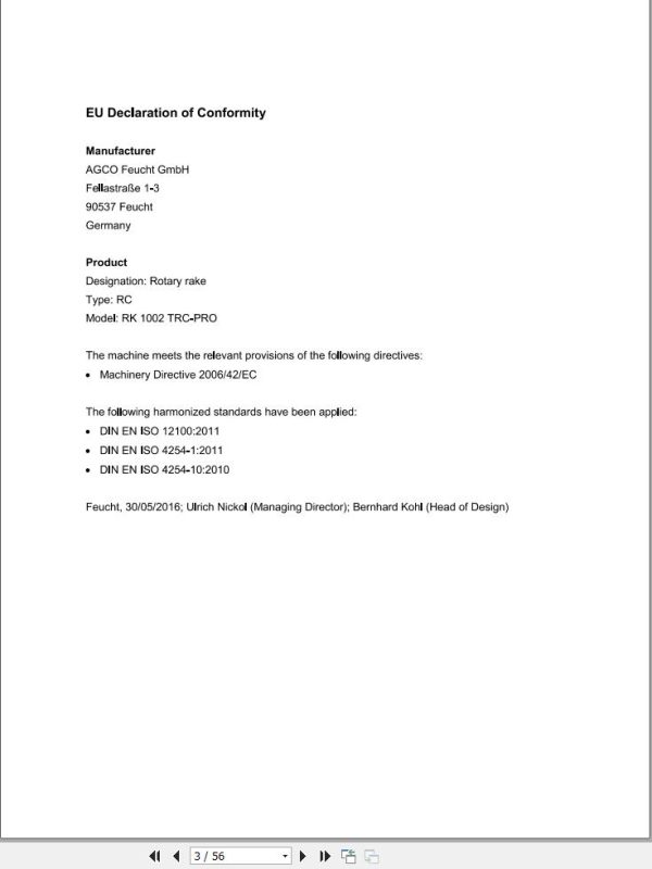 Massey Ferguson Rotary Rake RK1002 TRC PRO Operator Manual FEL1687640101 1