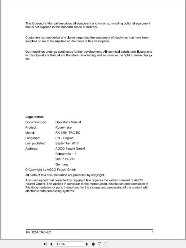 Massey Ferguson Rotary Rake RK1254 TRC EC Operator Manual FEL1687910101 1