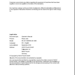 Massey Ferguson Rotary Rake RK341DSR RK361DSR Operator Manual FEL16891501 1