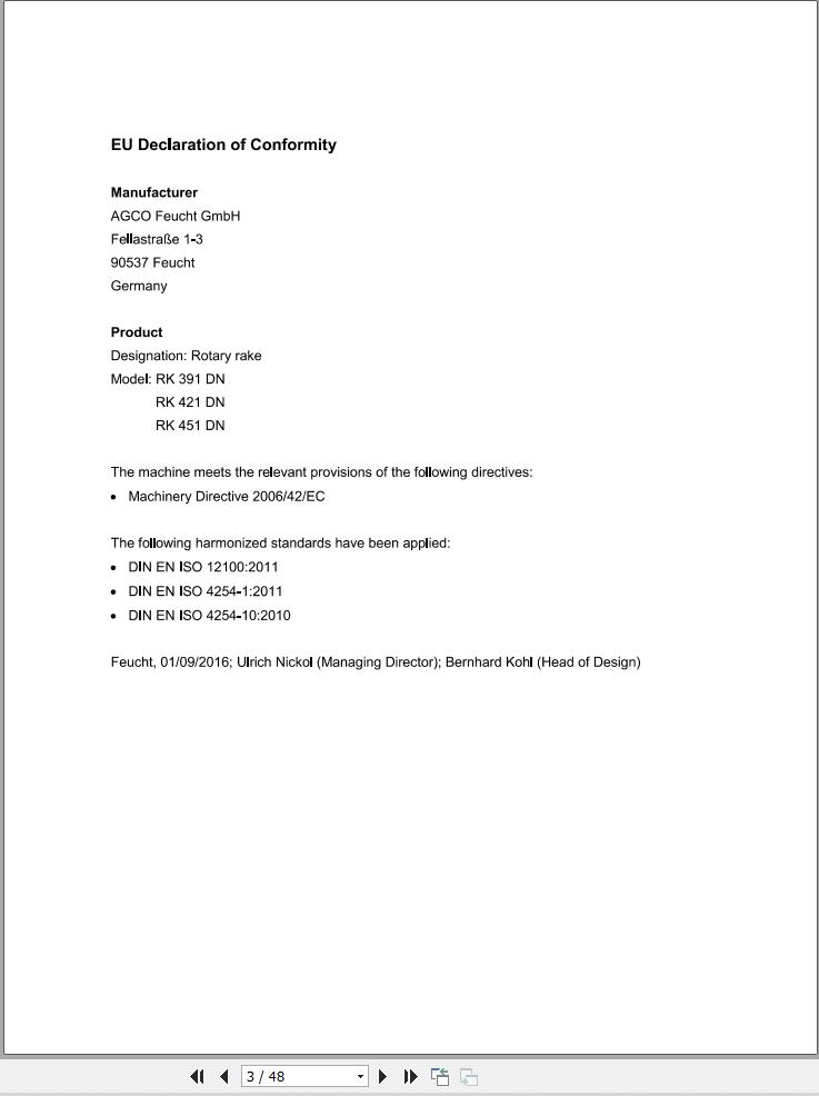 Massey Ferguson Rotary Rake RK391DN RK421DN RK451DN Operator Manual FEL16891601 1