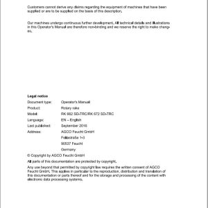 Massey Ferguson Rotary Rake RK662SD TRC RK672SD TRC Operator Manual FEL1690660101 1