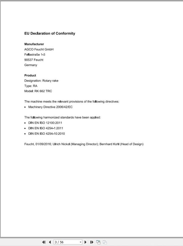 Massey Ferguson Rotary Rake RK662TRC Operator Manual FEL1282740101 1
