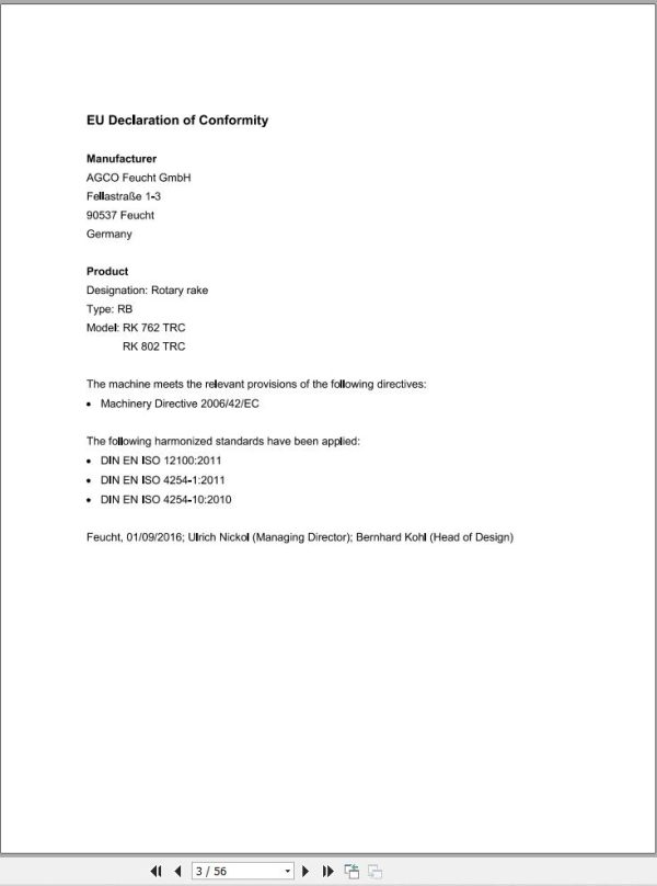 Massey Ferguson Rotary Rake RK762TRC RK802TRC Operator Manual FEL12834801 1
