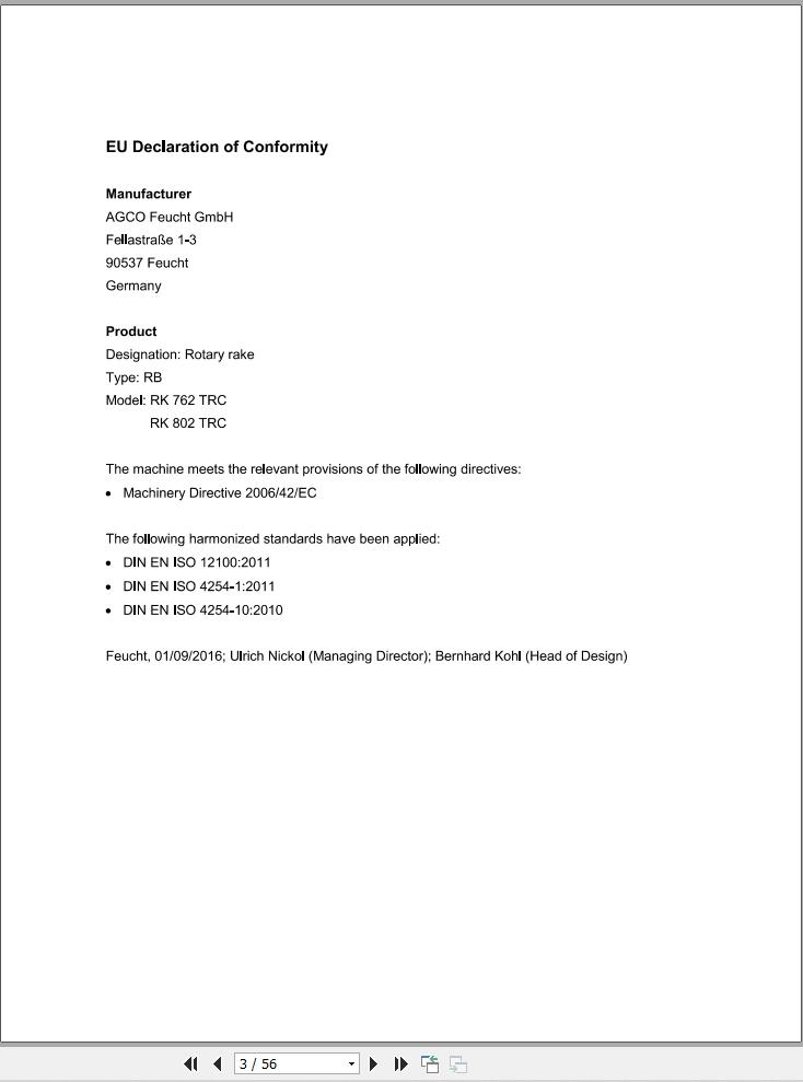 Massey Ferguson Rotary Rake RK762TRC RK802TRC Operator Manual FEL12834801 1