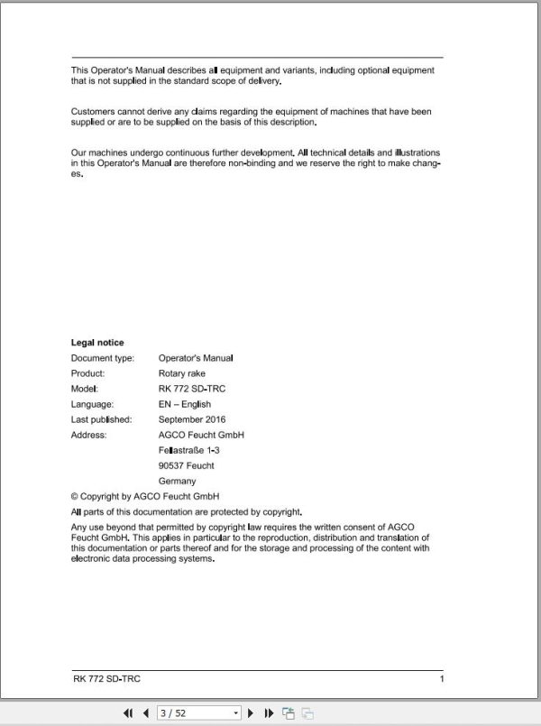 Massey Ferguson Rotary Rake RK772 SD TRC Operator Manual FEL16875601 1