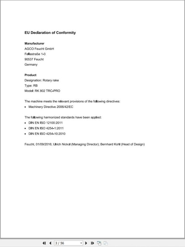 Massey Ferguson Rotary Rake RK802 TRC PRO Operator Manual FEL16875801 1