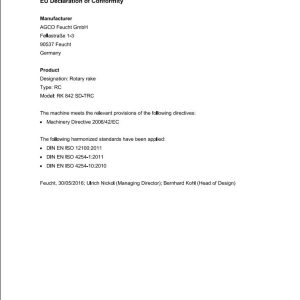 Massey Ferguson Rotary Rake RK842 SD TRC Operator Manual FEL1688960101 1