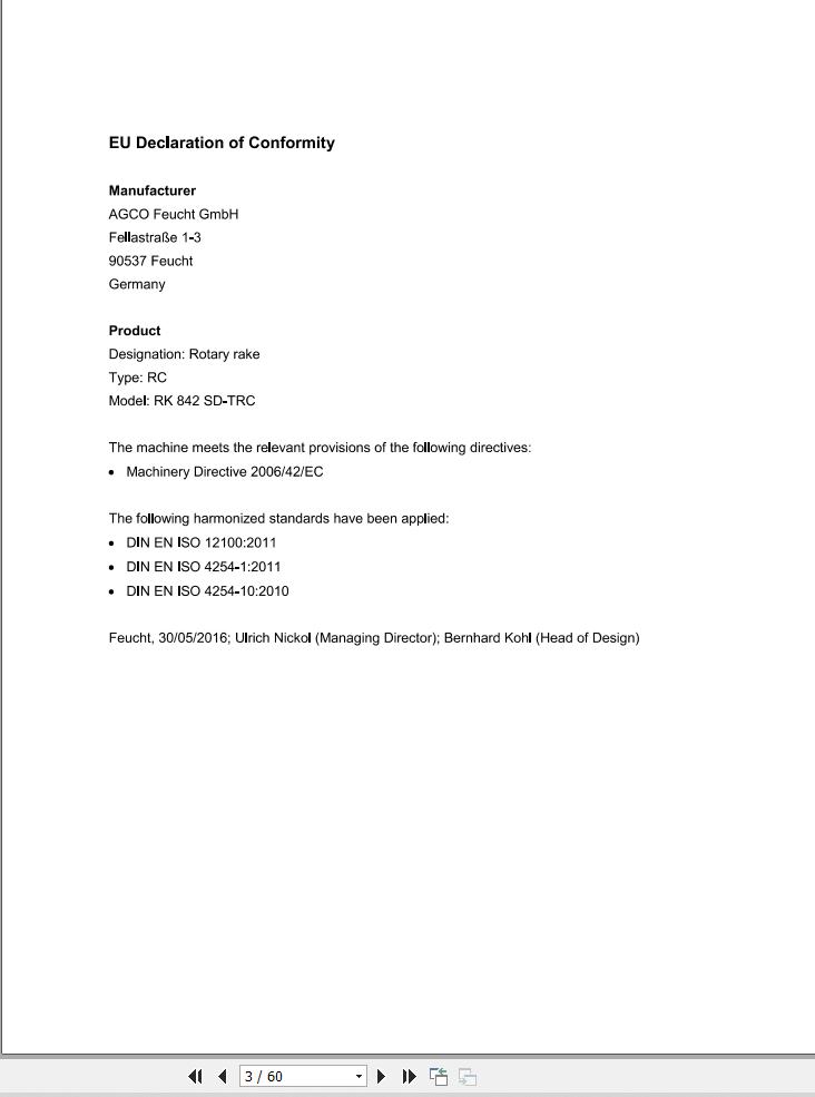 Massey Ferguson Rotary Rake RK842 SD TRC Operator Manual FEL1688960101 1